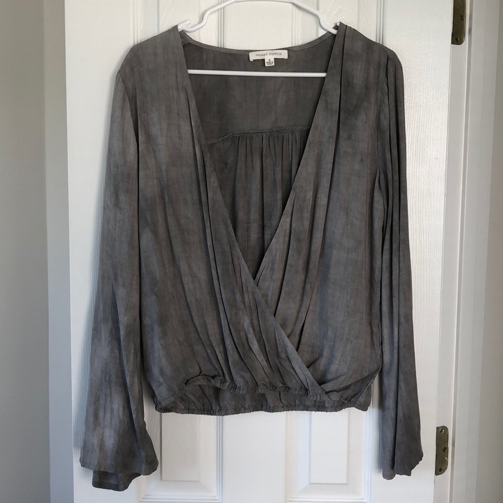 Grey tie dye bell sleeved wrap top. Size S.